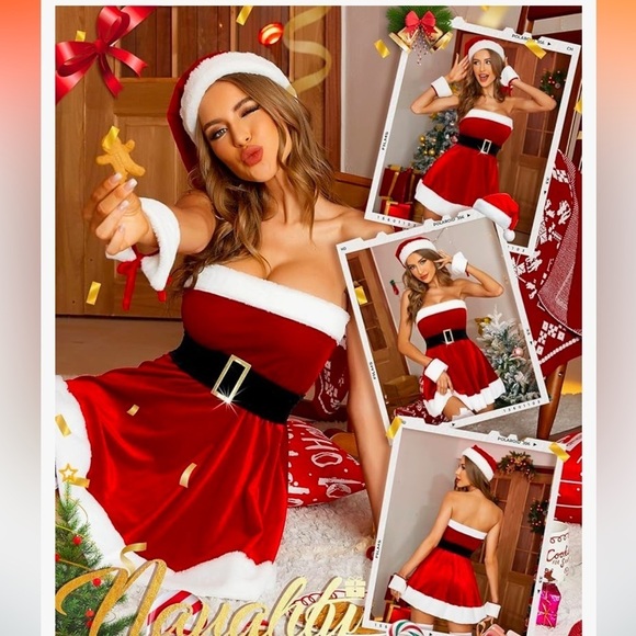 Women’s Christmas Lingerie Set – 3 Piece Santa Red Chemise with Belt and Cuffs - Picture 4 of 4